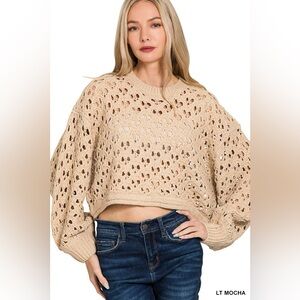 Zenana Oversized Cropped Crochet Knit Sweater